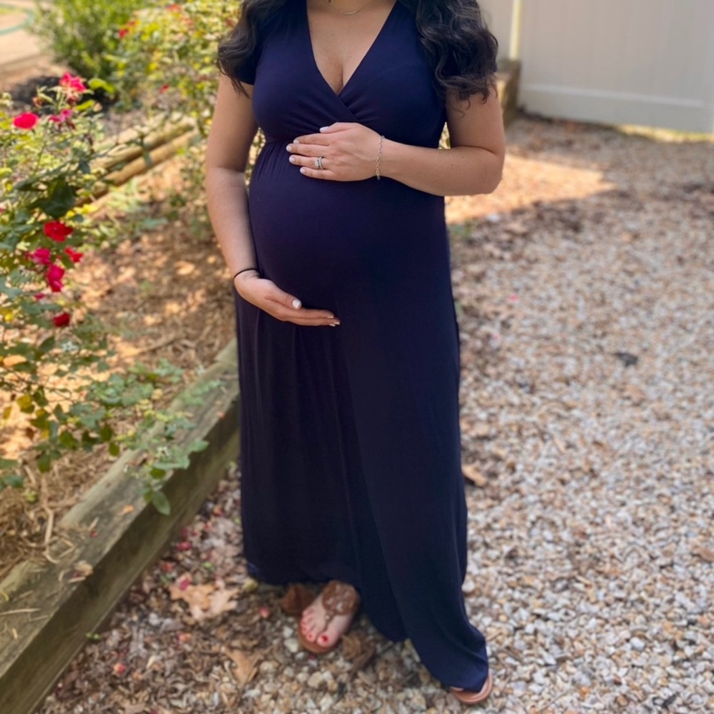Mother Bee- Maternity- maxi dress short sleeve faux wrap navy blue lightweight